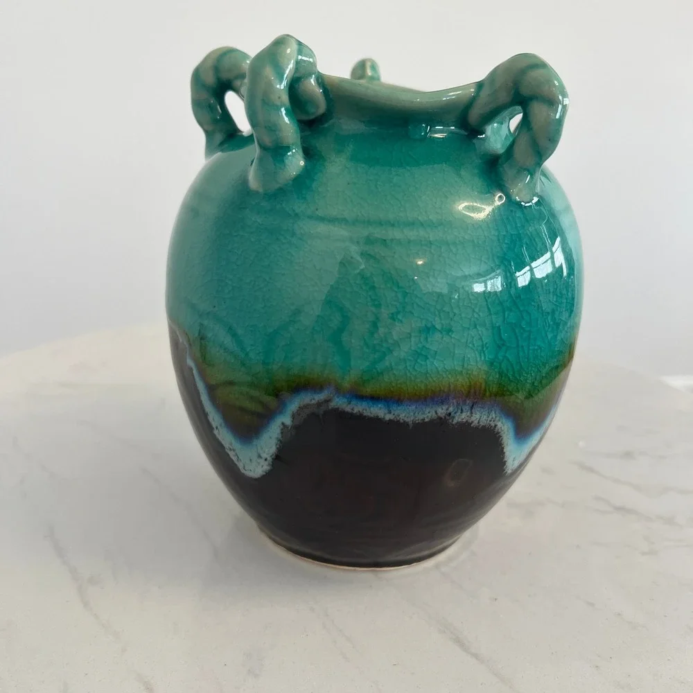 Handcrafted Ceramic Vase‎ Turquoise Glaze Handles Made in Vietnam Home Decore